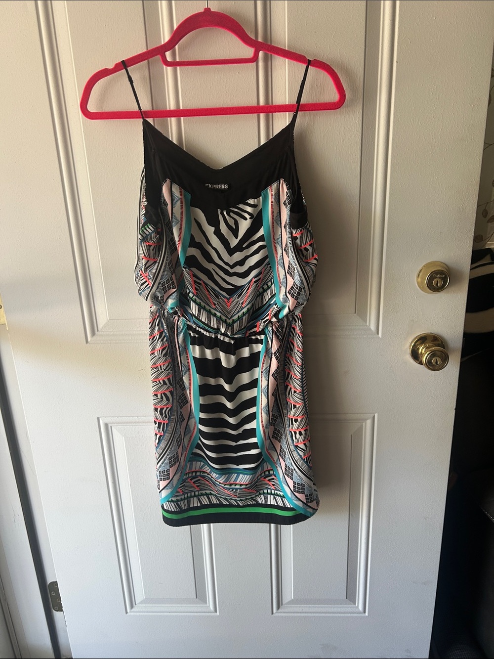Express Black Dress with Zebra Print and Teal & Coral Accents
